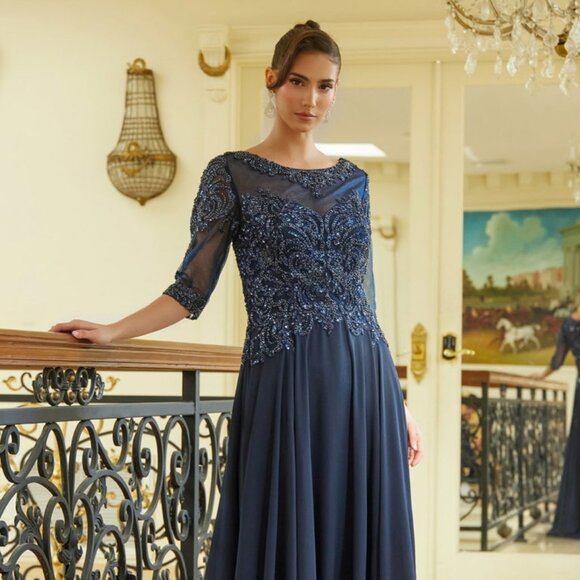 NEW FORMAL A-LINE CHIFFON MOB SEQUINS EMBELLISHED GOWN W/ 3/4 SLEEVES GL3599